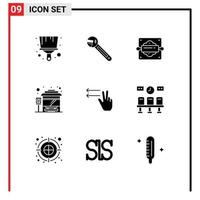 Group of 9 Modern Solid Glyphs Set for lefts fingers bakery city bus terminal bus Editable Vector Design Elements