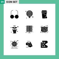 Set of 9 Vector Solid Glyphs on Grid for server data soup wifi nature Editable Vector Design Elements