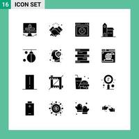 Modern Set of 16 Solid Glyphs Pictograph of monastery church wishes christian website Editable Vector Design Elements