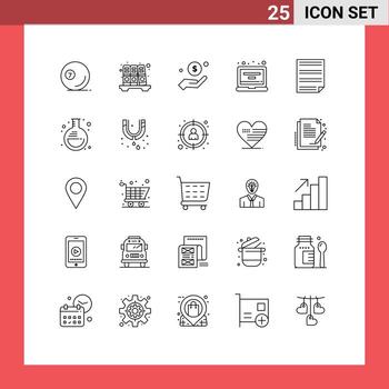 User Interface Pack of 25 Basic Lines of data laptop dollar gadget help Editable Vector Design Elements