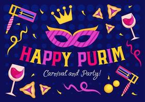 Happy Purim holiday banner, invitation and greeting card with mask, crown, beanbags, wine glasses and confetti for jewish Purim holiday on March. Vector illustration.