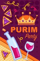 Happy Purim Day party poster, invitation, greeting for jewish traditional celebration on March. Vector art, illustration with traditional hamantaschen, wine and crown symbols of holiday.