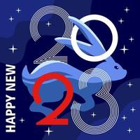 Tarjeta de año nuevo chino 2023 con conejo zodiacal de agua corriendo en el cielo nocturno con nubes y estrellas en el fondo. cartel gráfico vectorial, pancarta, invitación y tarjeta de felicitación. vector