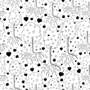 imagen de garabato con árboles y hojas caídas en forma de corazón. raíces. arte dibujado a mano para niños. fondo transparente textil, estampado, papel de envolver o patrón de tela. vector