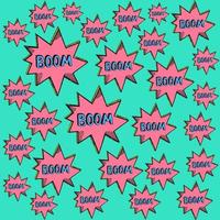 Comic and exclamations boom wow bubbles pattern with bright green background. Boom text. Pink stars. vector