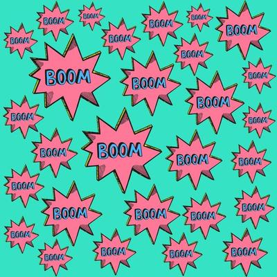 Comic and exclamations boom wow bubbles pattern with bright green background. Boom text. Pink stars.