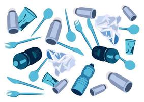 Stop plastic pollution. Isolated on white background. Plastic bottles, bags, knifes, spoons, forks. Blue plastic. vector