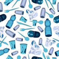 Stop plastic pollution. Isolated on white seamless background. Plastic bottles, bags, knifes, spoons, forks. Blue plastic. Wrapping paper, print, fabric, textile, poster. vector