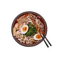 Vector Japanese Ramen On A Bowl. Eggs, chopsticks, noodles, meat, seaweed, green onions. Soup dish isolated on white background.