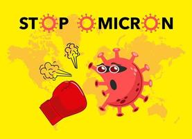 Boxing or beat virus with boxing glove on flat design concept. Stop omicron, coronavirus. Viruses. World map. vector