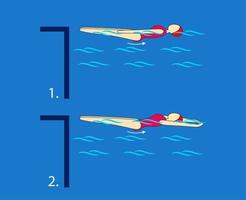 nadar como un delfín con las piernas sobre la espalda con las manos cerca de los costados, los brazos extendidos en forma de flecha. Instrucción en piscina. vector