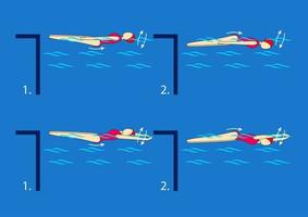 Swim like a dolphin with your legs on your back with your hands close to your sides, arms outstretched in an arrow. Rotate about the longitudinal axis of the body by changing the direction. Swimming vector