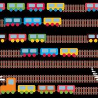 Cute colorful trains and railways. Seamless pattern. Black background. Bright colors. Toys for child's. Locomotive. vector