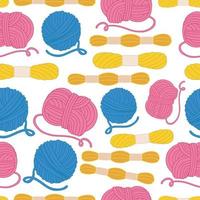 Knitting seamless pattern. Blue, yellow and pink colors. Wool threads. Cross stitching threads. vector