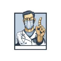 Doctor with finger gesture showing attention. Vector image.