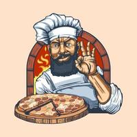 chef barbudo con una pizza en la mano en el fondo del horno con un gesto de dedos bien. vector