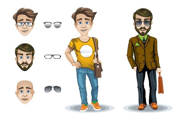 Set of character of a man and a boy with facial expressions and glasses