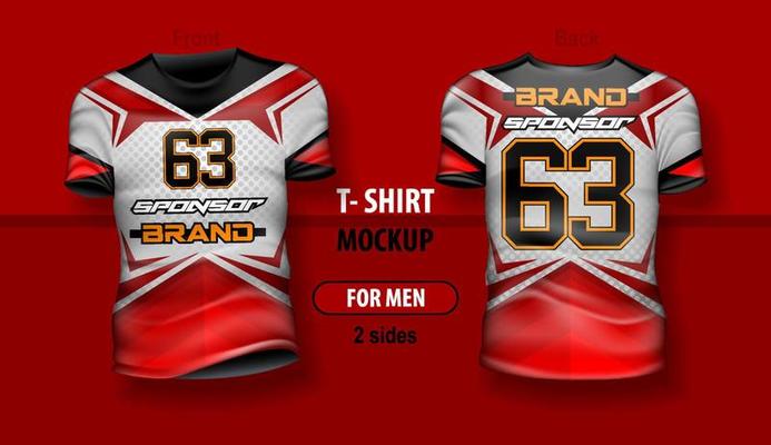 T-shirt for man front and back with team sports uniform. Mock-up for double-sided printing, layered and editable.
