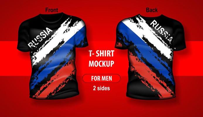 T-shirt for man front and back with Russian flag. Mock-up for double-sided printing.