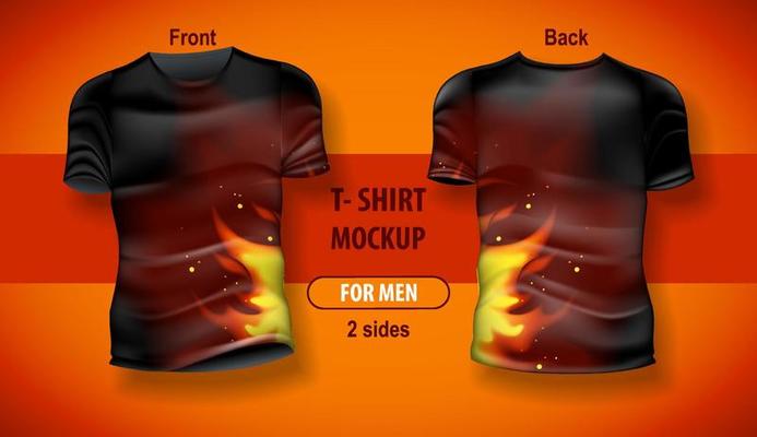 T shirt for man front and back with Fire flame background. Mock up