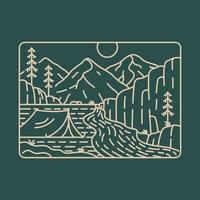 Camping by the River with Mountains View Monoline Illustration for Apparel vector