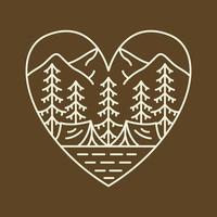 Tent Camping in the Forest Mountain Background Heart Badge Frame Monoline Illustration for Apparel vector