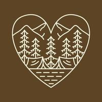 tienda de campaña en el bosque montaña fondo corazón insignia marco monoline ilustración para prendas de vestir vector