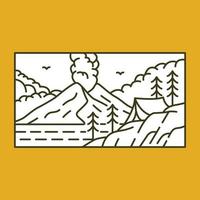 Wild Life Adventure Camp on Volcano Mountain Monoline Illustration for Apparel vector