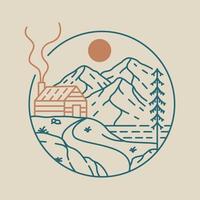 Wild Life in Cabin House with Mountains Background Monoline Illustration for Apparel vector