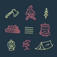 Wild Camping in Outdoors Icons Set Monoline Illustration for Apparel vector