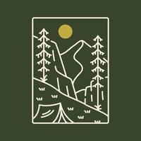 Night camp in Nature with Mountain Background Monoline Illustration for Apparel vector