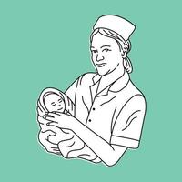 Midwife at the Hospital Holding Baby 1 Monoline Illustration for Apparel vector