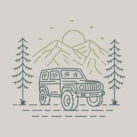 4x4 Offroad Adventure in the Forest with Mountain Background Monoline Illustration for Apparel vector