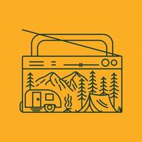actividades de campamento al aire libre con camper van de fogata y fondo de montañas enmarcado ilustración clásica monoline de radio para prendas de vestir vector