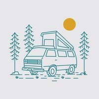 Camping with Campervan in the Woods Monoline Illustration for Apparel vector