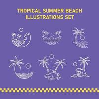 Tropical Summer Beach Illustrations Set Monoline Illustration for Apparel vector