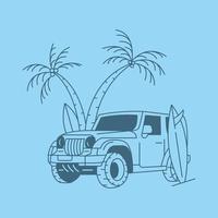 Surfing in Summer with 4x4 Offroad Vehicle Monoline Illustration for Apparel vector