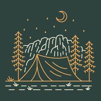 noche de campamento salvaje gran carpa bajo la luna creciente y la estrella monoline ilustración para prendas de vestir vector