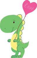 An illustration of a dinosaur in green color with a cartoon heart shaped balloon. vector