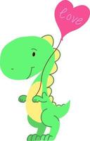 An illustration of a dinosaur in green color with a cartoon heart shaped balloon. vector