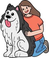 Hand Drawn husky Dog hugged by owner illustration in doodle style vector