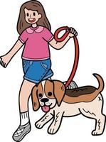 perro beagle dibujado a mano caminando con la ilustración del propietario en estilo garabato vector