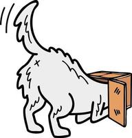 perro samoyedo dibujado a mano jugando con ilustración de caja en estilo garabato vector