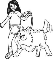 perro samoyedo dibujado a mano caminando con ilustración de propietario en estilo garabato vector