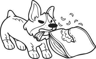 dibujado a mano perro corgi mordiendo almohada ilustración en estilo doodle vector
