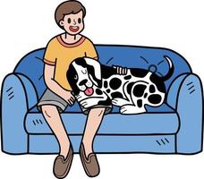 Hand Drawn Dalmatian Dog with owner and sofa illustration in doodle style vector