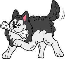 Hand Drawn husky Dog holding the bone illustration in doodle style vector