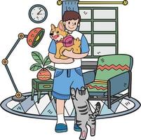 dibujado a mano, el dueño abraza al perro y al gato en la ilustración de la sala de estar en estilo garabato vector