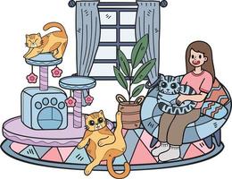 dibujado a mano el dueño se sienta con el gato en la ilustración de la sala de estar en estilo garabato vector