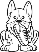 Hand Drawn Corgi Dog holding shoes illustration in doodle style vector